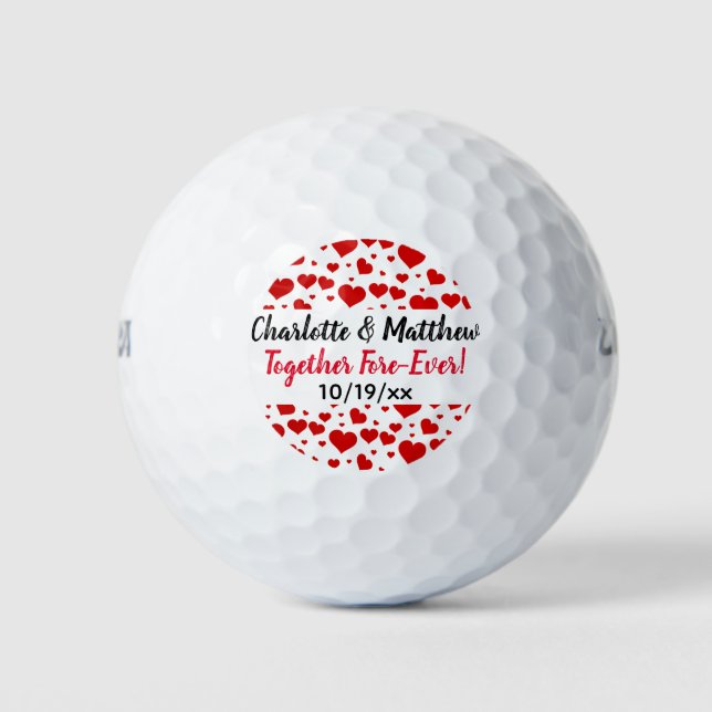 Wedding Hearts Love Red Black Typography Favour Golf Balls (Front)