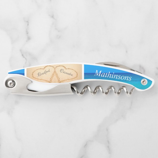Wedding Hearts Sand Bridesmaid Monogram Corkscrew (Front)