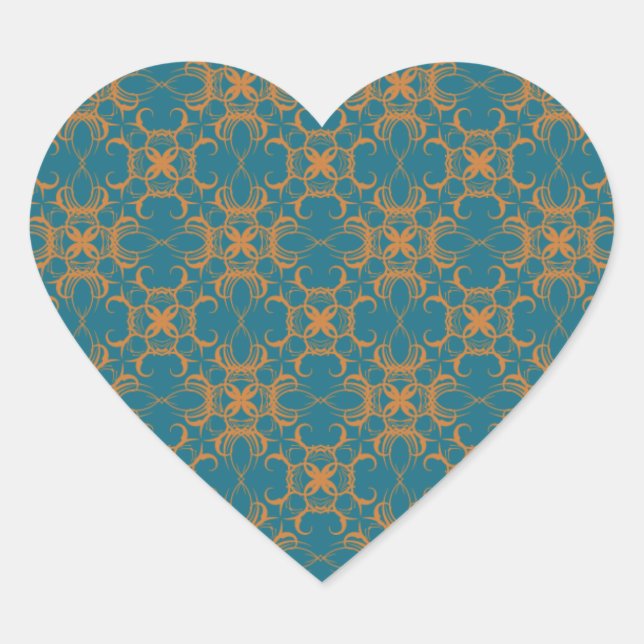Wedding Hearts Teal And Orange Pattern Heart Sticker (Front)