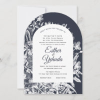 Wedding Hebrew Vintage Floral Navy White Woodcut