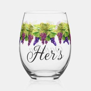 Wedding Her's Monogrammed Name Watercolor Grapes Stemless Wine Glass