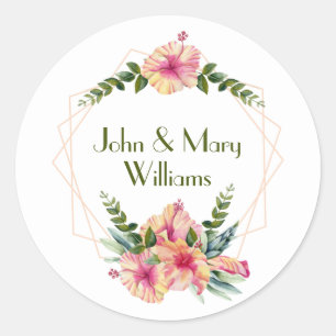 Wedding Hibiscus Frame On White  Classic Round Sticker