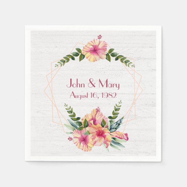 Wedding Hibiscus Frame On Whitewashed Wood Napkin (Front)