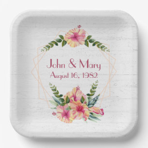 Wedding Hibiscus Frame On Whitewashed Wood Paper Plate