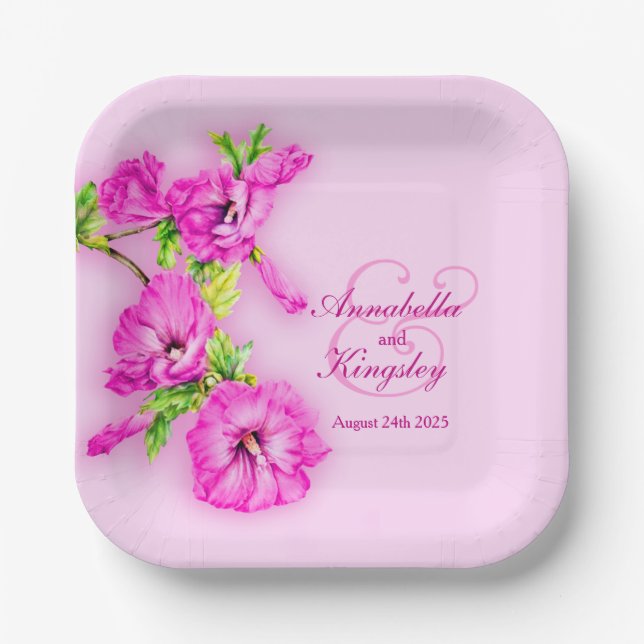 Wedding hibiscus pink art custom paper plate (Front)