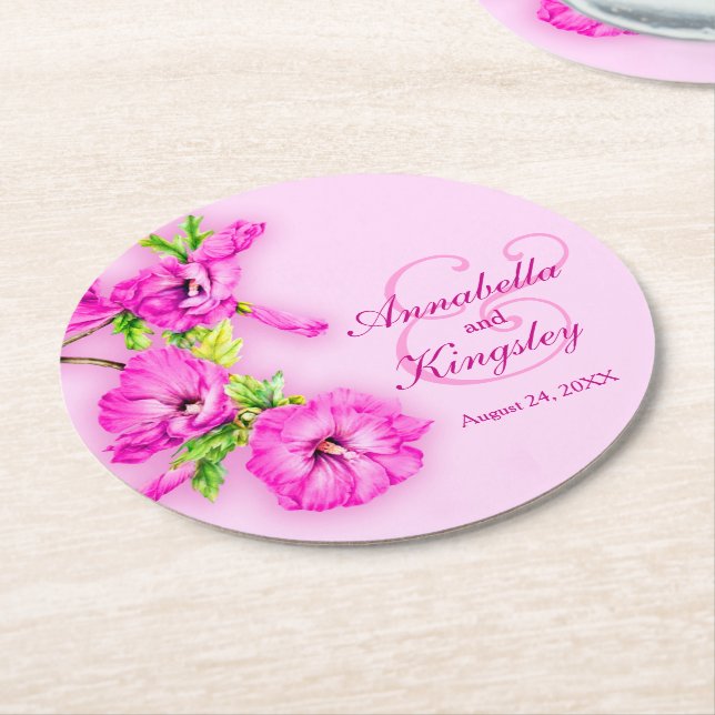 Wedding hibiscus pink watercolor paper coasters (Angled)