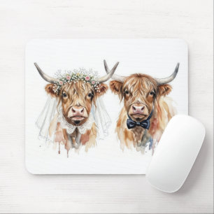 Wedding Highland Cows in Watercolor Mouse Mat