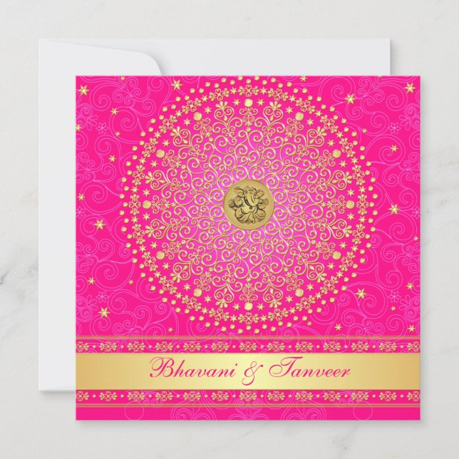 Wedding | Hindu | Ganesh | Pink, Gold | Scrolls Invitation (Front)