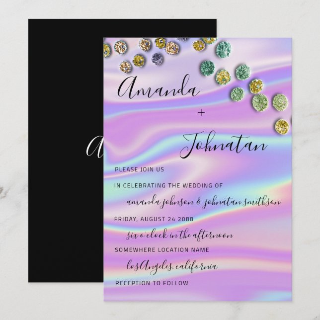 Wedding Holographic Monogram Confetti Invitation (Front/Back)
