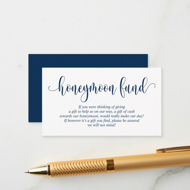Wedding Honeymoon Fund and Wish, Modern Navy Blue Enclosure Card (Front/Back In Situ)