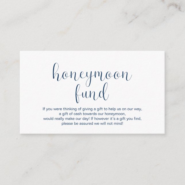 Wedding Honeymoon fund, Minimal, Navy blue font, Enclosure Card (Front)