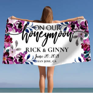 Wedding Honeymoon Gifts - Personalised Floral  Beach Towel