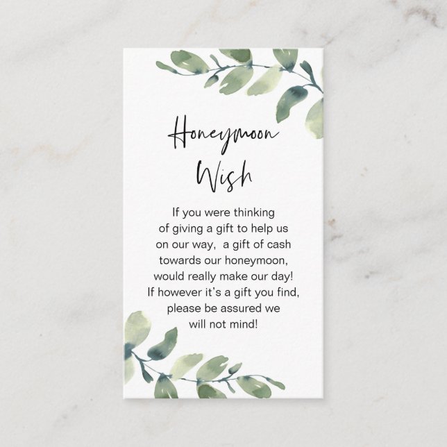 Wedding Honeymoon Wish, Rustic Greenery Eucalyptus Enclosure Card (Front)