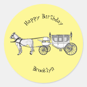 Wedding horse & carriage cartoon illustration classic round sticker