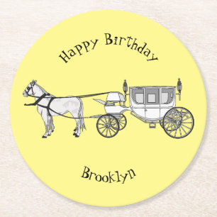 Wedding horse & carriage cartoon illustration round paper coaster
