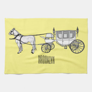 Wedding horse & carriage cartoon illustration tea towel