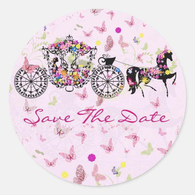 Wedding Horse & Carriage Flowers & Butterflies Classic Round Sticker (Front)
