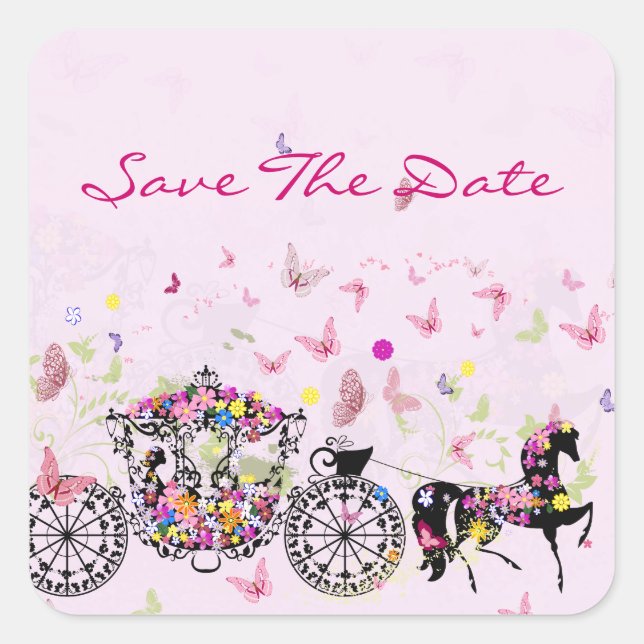 Wedding Horse & Carriage Flowers & Butterflies Square Sticker (Front)