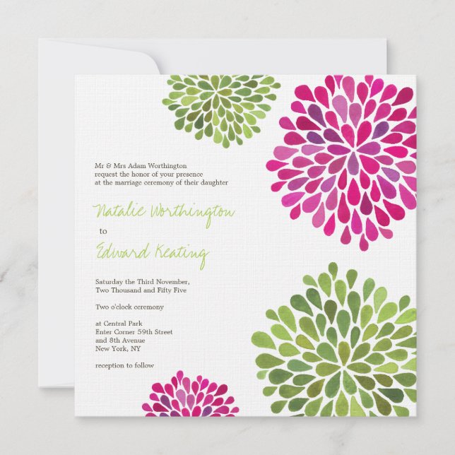 Wedding Hot Pink & Green Flower Blooms Invitation (Front)