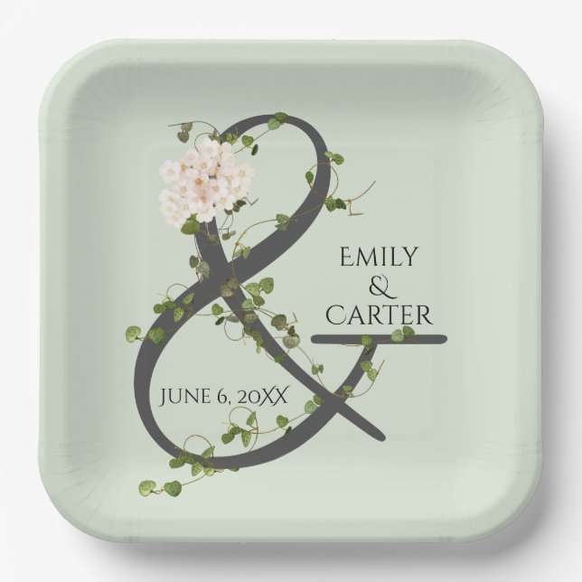 Wedding Hydrangea and Ivy Ampersand  Paper Plate (Front)