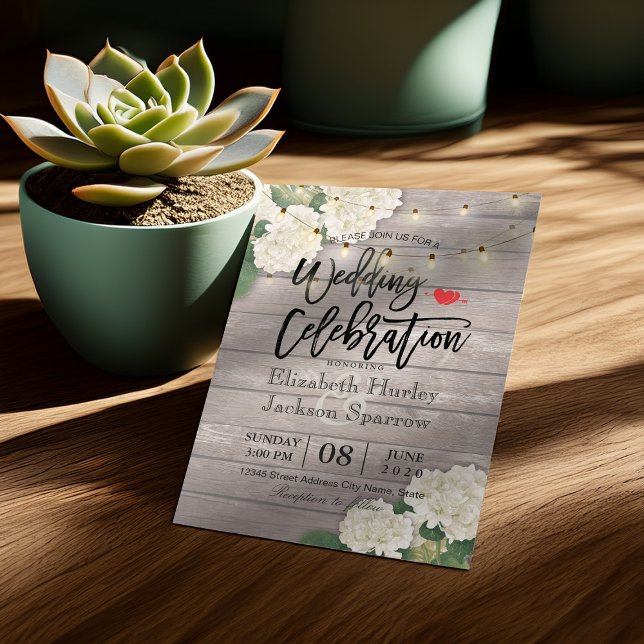Wedding Hydrangea Flower String Lights Rustic Wood Invitation (Creator Uploaded)