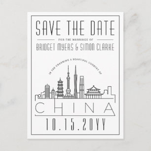 Wedding in China   Stylised Skyline Save the Date Postcard