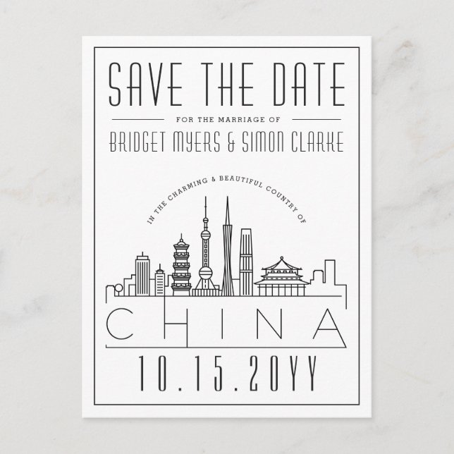 Wedding in China | Stylised Skyline Save the Date Postcard (Front)