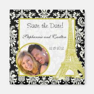 Wedding in Paris Black Damask Announcement Magnet