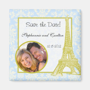 Wedding in Paris Blue Damask Announcement Magnet