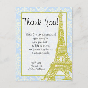 Wedding in Paris Blue Damask Flat Thank You Card