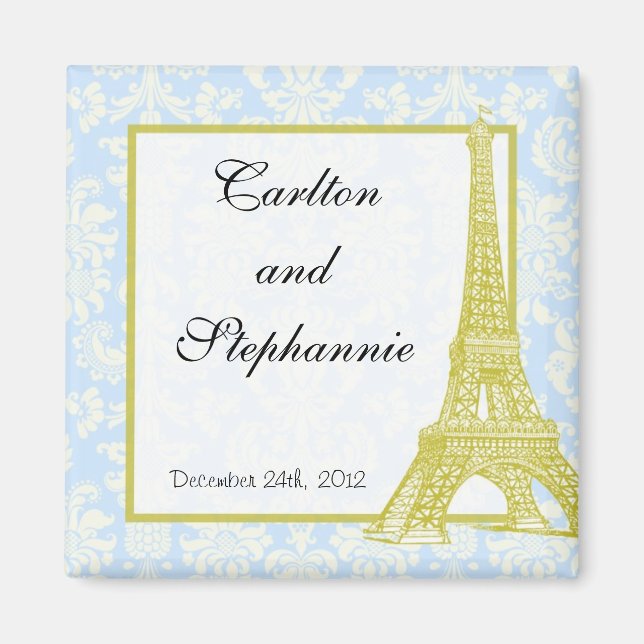 Wedding in Paris Blue Damask Magnet Favour (Front)
