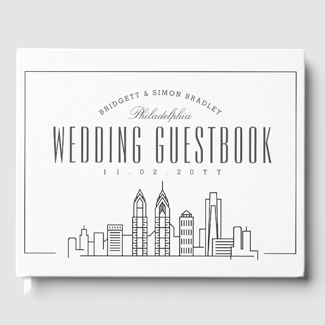 Wedding In Philadelphia  | Modern Deco Skyline Guest Book (Front)