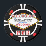 Wedding in Vegas Casino Favour Poker Chip Magnet<br><div class="desc">WELCOME TO THE BRIDE AND GROOM'S FABULOUS WEDDING! Whether you're tying the knot in Las Vegas or your own home town, these lucky casino style wedding reception favours are sure to hit with your guests. Replica of the famous Nevada sign in retro neon doo-wop style, just add your names as...</div>