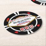 Wedding in Vegas Casino Favour Poker Chip Round Paper Coaster<br><div class="desc">WELCOME TO THE BRIDE AND GROOM'S FABULOUS WEDDING! Whether you're tying the knot in Las Vegas or your own home town, these lucky casino style wedding reception favours are sure to hit with your guests. Replica of the famous Nevada sign in retro neon doo-wop style, just add your names as...</div>