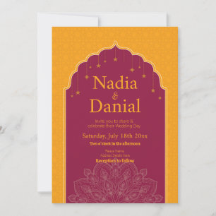 Wedding Indian Temple Palace Mustard Stars Invitation