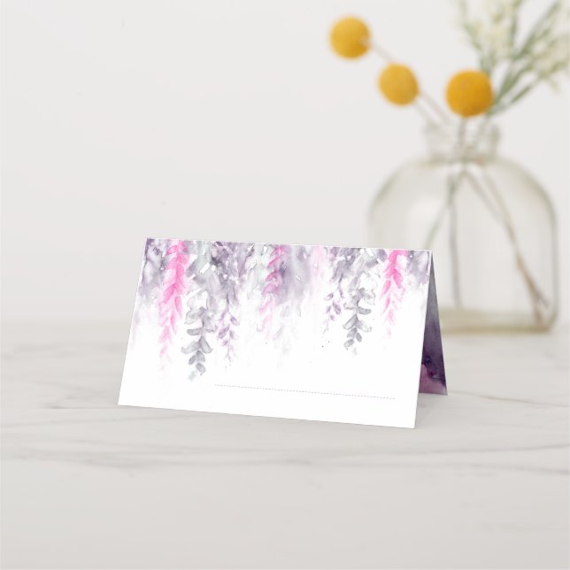 Wedding indigo pink flower cascade place card (Front)