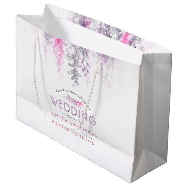 Wedding indigo purple pink flowers thank you large gift bag (Front Angled)
