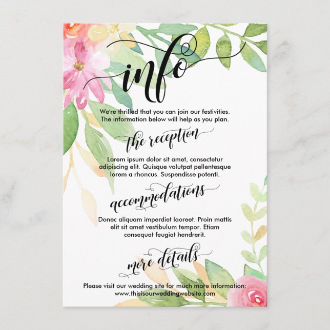 Wedding Info Watercolor Flowers Elaborate Script Enclosure Card (Front)
