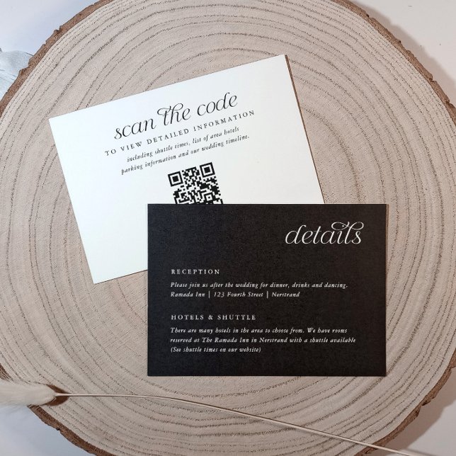 Wedding Information Card Simple Minimalist Details (Wedding information card - modern, minimalist, simple and elegant black with white text and qr code)
