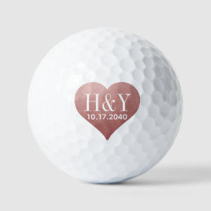 Wedding Initial Date Rose Gold Pink Heart Golf Balls