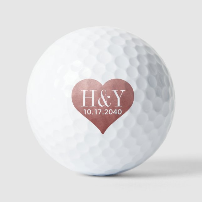 Wedding Initial Date Rose Gold Pink Heart  Golf Balls (Front)