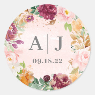 Wedding Initials Blush Burgundy Floral Wreath Classic Round Sticker