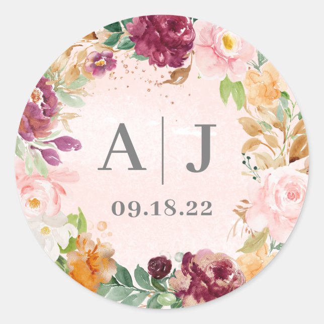 Wedding Initials Blush Burgundy Floral Wreath Classic Round Sticker (Front)