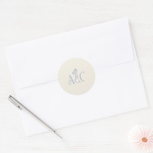 Wedding initials with butterfly Cream and Blue Classic Round Sticker (Envelope)