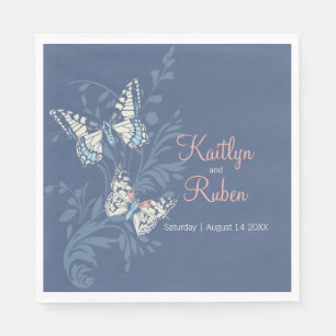 Wedding ink art butterflies muted blue and coral napkin