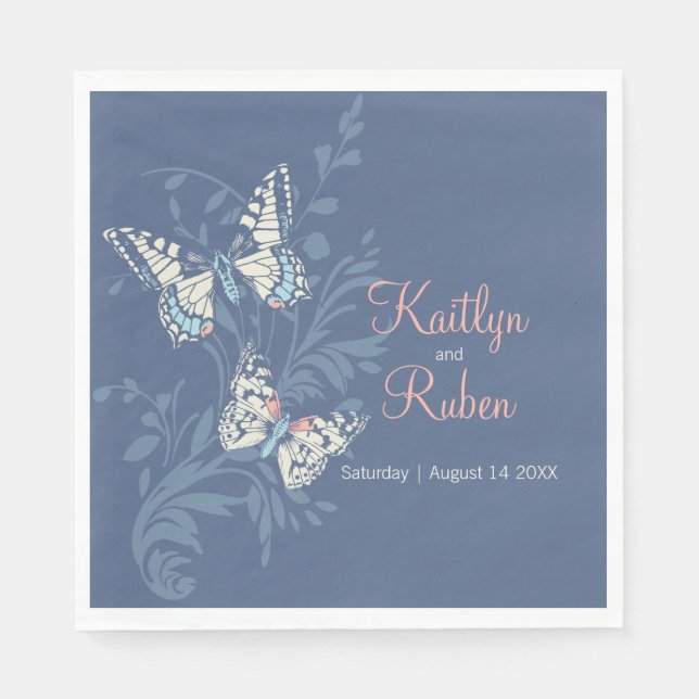 Wedding ink art butterflies muted blue and coral  napkin (Front)