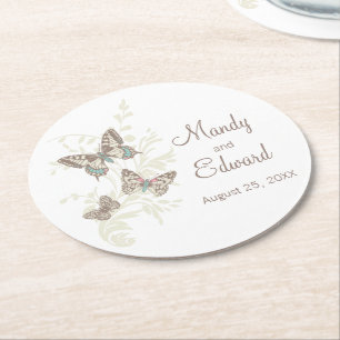Wedding inked art butterflies brown paper coasters
