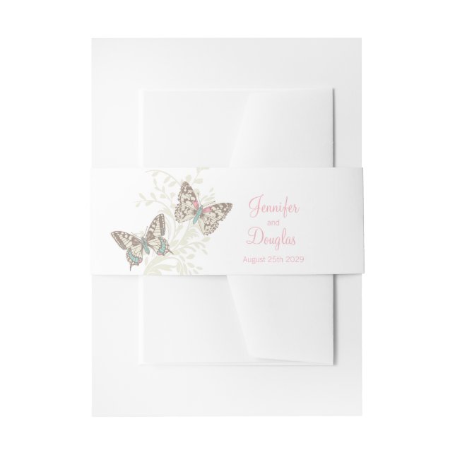 Wedding inked art butterflies pink cream invitation belly band (Front Example)