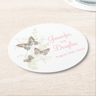 Wedding inked art butterflies pink paper coasters