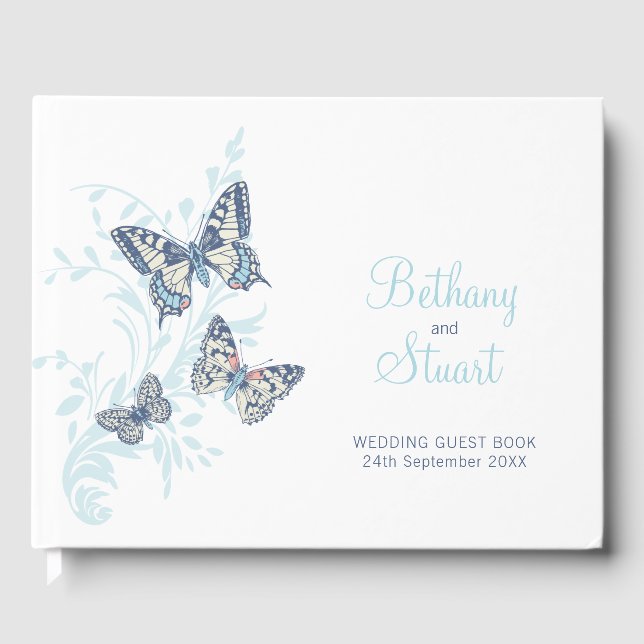 Wedding inked art butterflies sky blue guest book (Front)